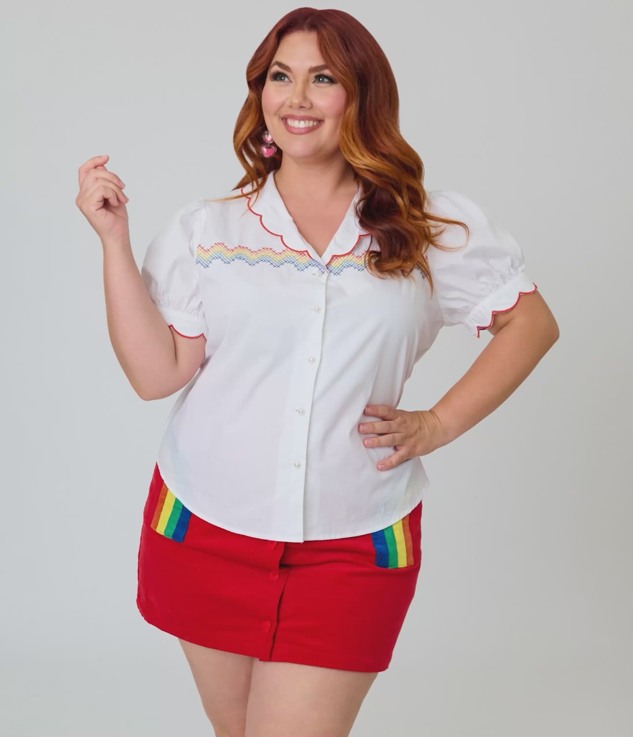 Smak Parlour Plus Size White & Rainbow Embroidered Puff Sleeve Top