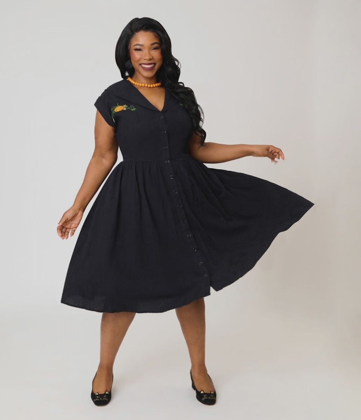 Unique Vintage Plus Size Black & Pumpkin Embroidery Cotton Marcia Swing Dress