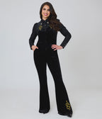 Unique Vintage Black Velvet Gold Snake Embroidered Flare Pants