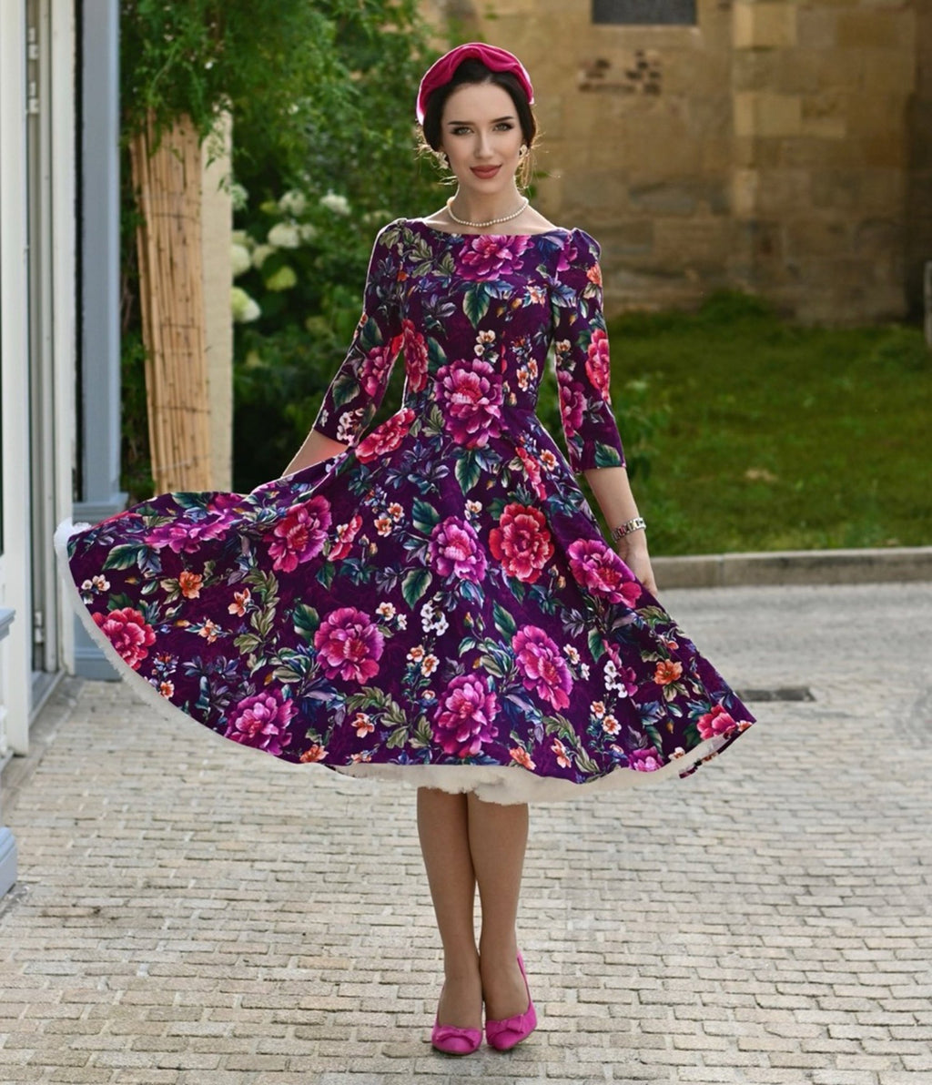Purple Floral Bea Swing Dress - Unique Vintage - Womens, DRESSES, SWING