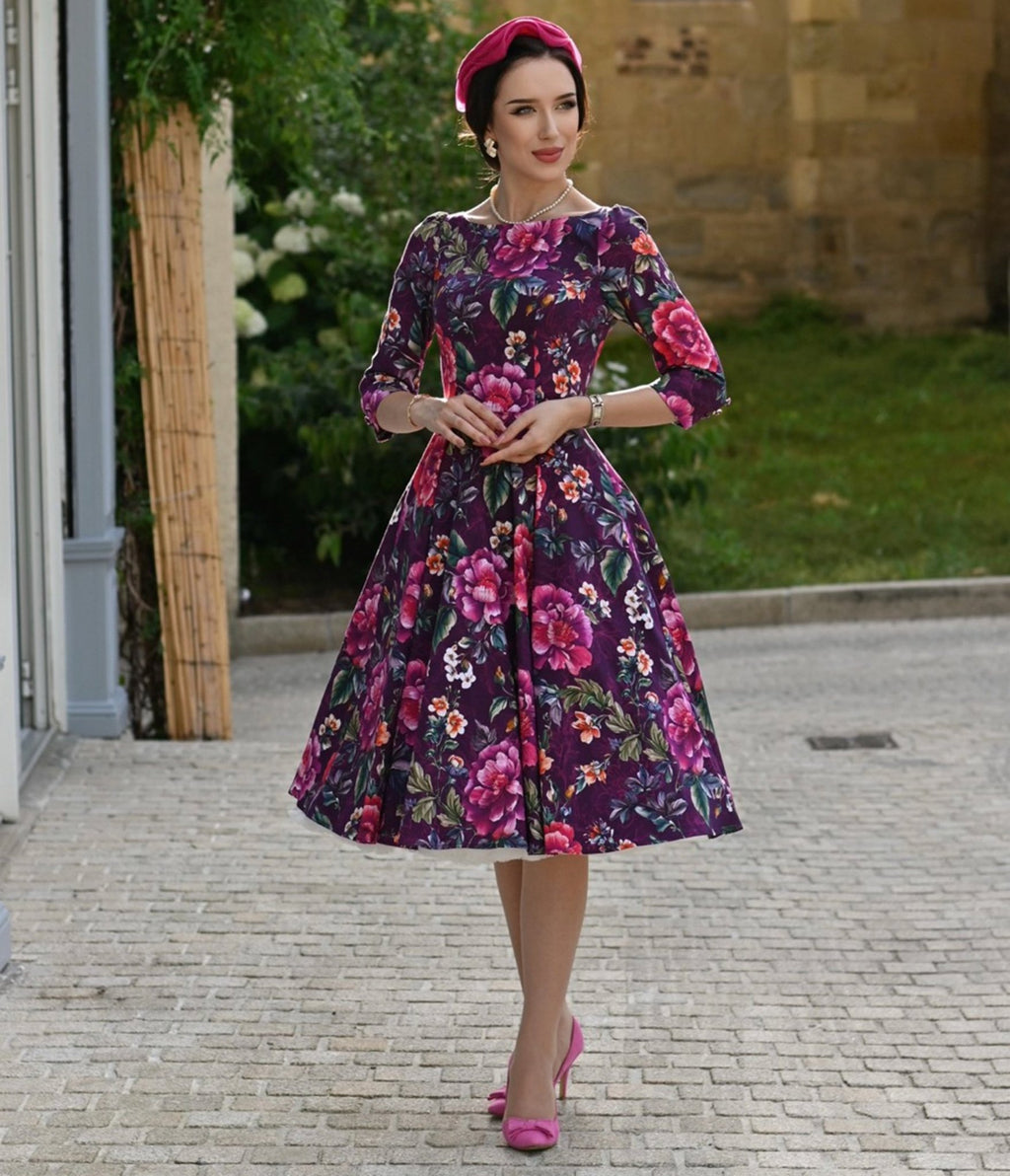 Purple Floral Bea Swing Dress - Unique Vintage - Womens, DRESSES, SWING