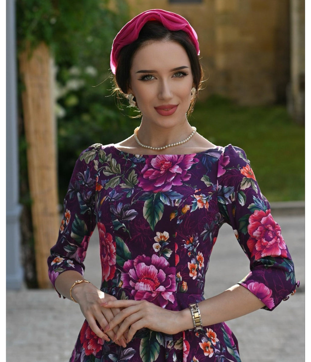 Purple Floral Bea Swing Dress - Unique Vintage - Womens, DRESSES, SWING