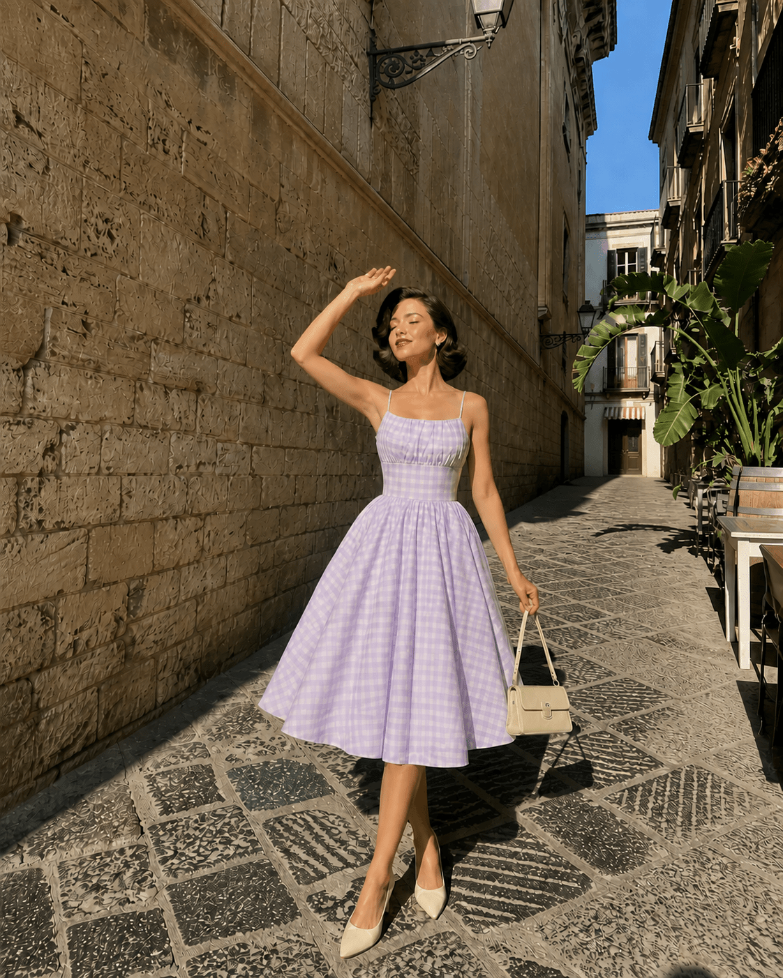 Purple Gingham Spaghetti Strap Swing Dress - Unique Vintage - Womens, DRESSES, SWING