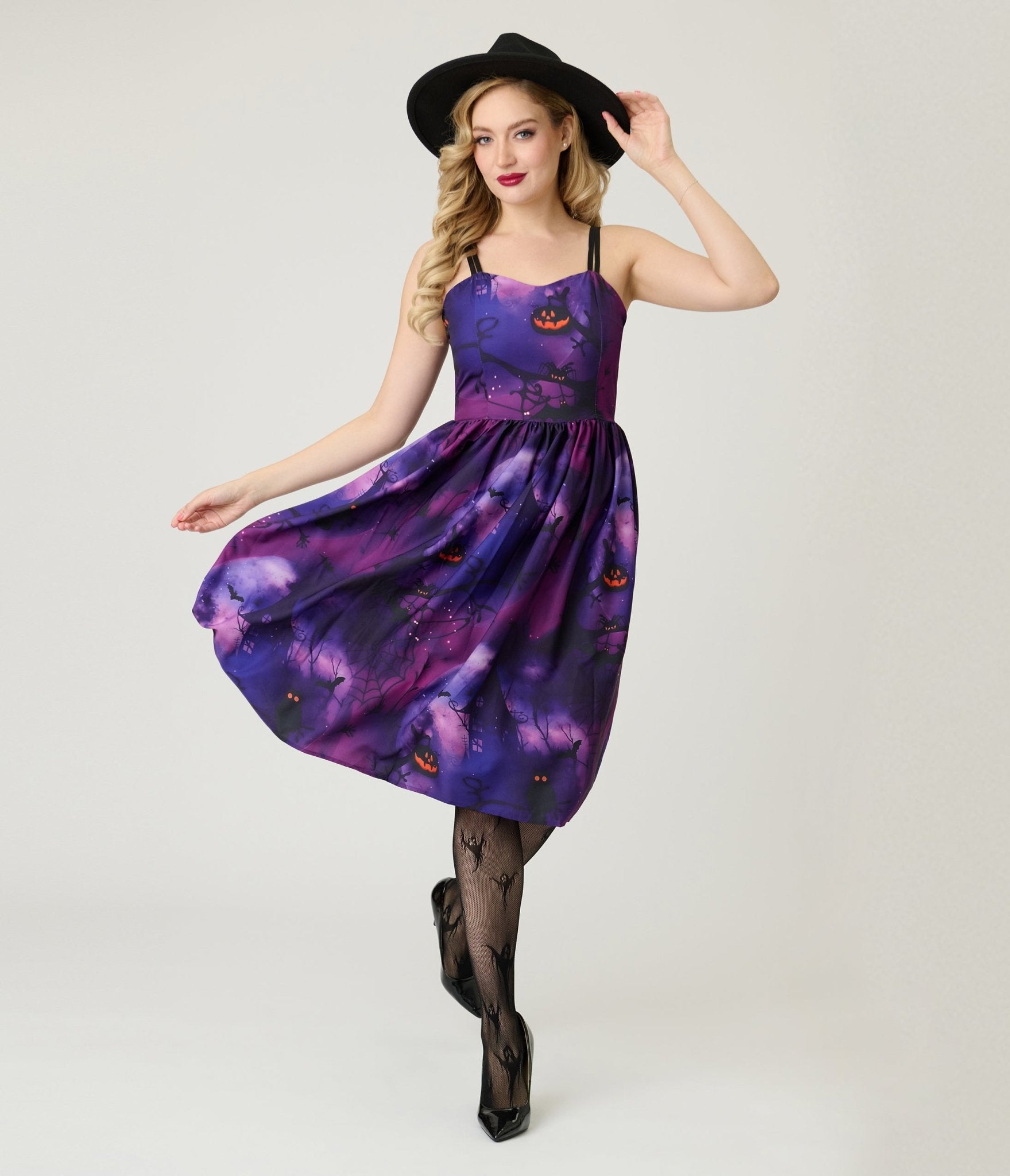 Purple Spooky Forest Jack - O - Lantern Print Swing Dress - Unique Vintage - Womens, DRESSES, SWING