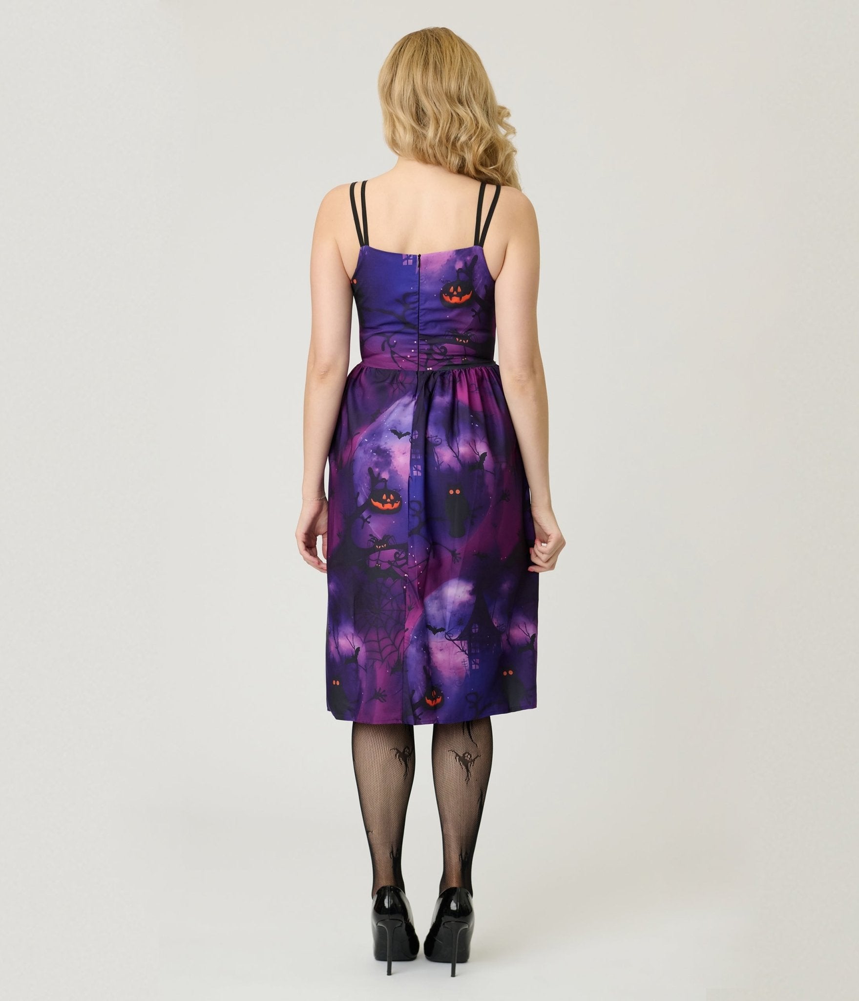 Purple Spooky Forest Jack - O - Lantern Print Swing Dress - Unique Vintage - Womens, DRESSES, SWING