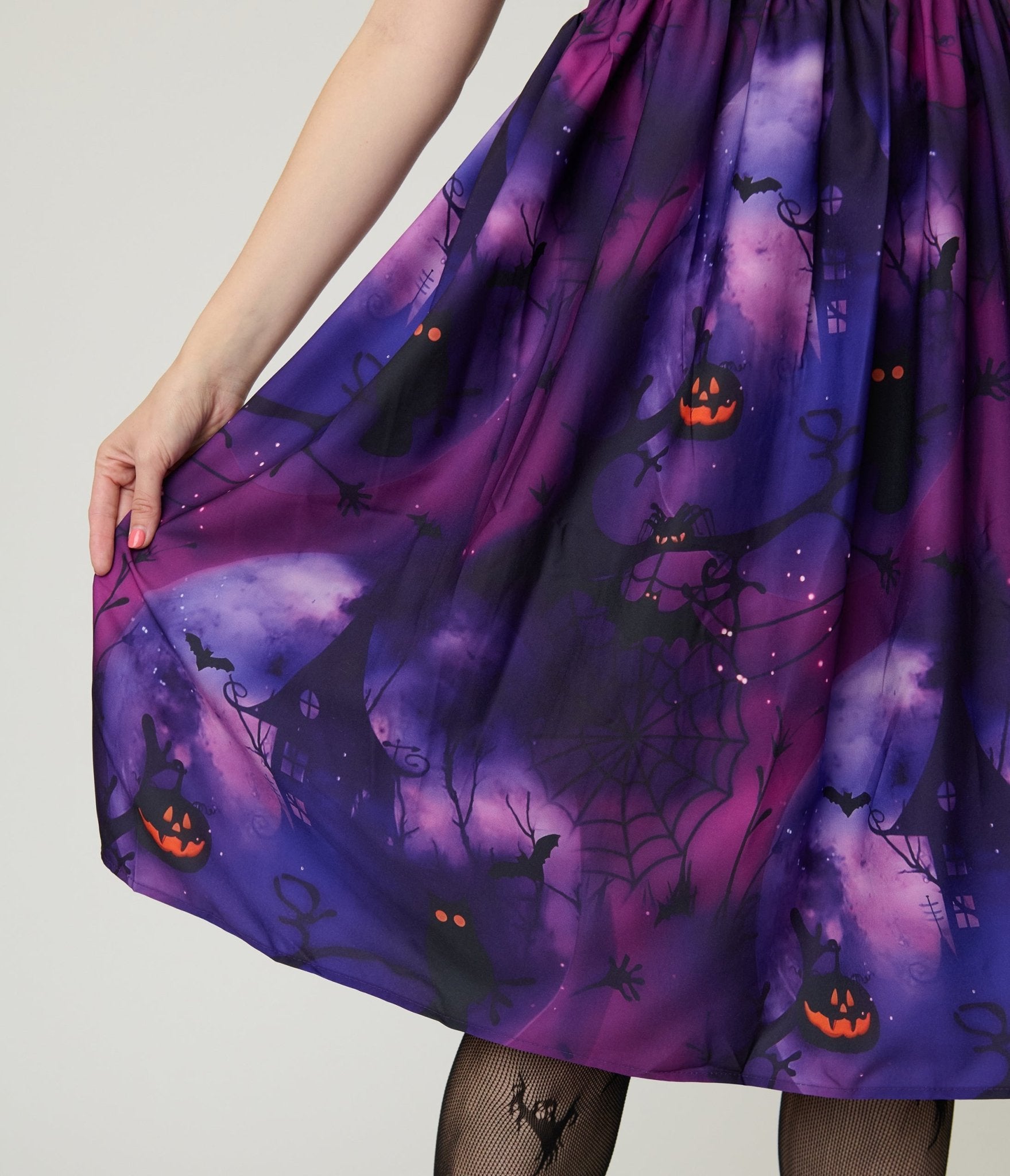 Purple Spooky Forest Jack - O - Lantern Print Swing Dress - Unique Vintage - Womens, DRESSES, SWING
