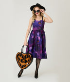 Purple Spooky Forest Jack - O - Lantern Print Swing Dress - Unique Vintage - Womens, DRESSES, SWING