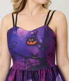Purple Spooky Forest Jack - O - Lantern Print Swing Dress - Unique Vintage - Womens, DRESSES, SWING