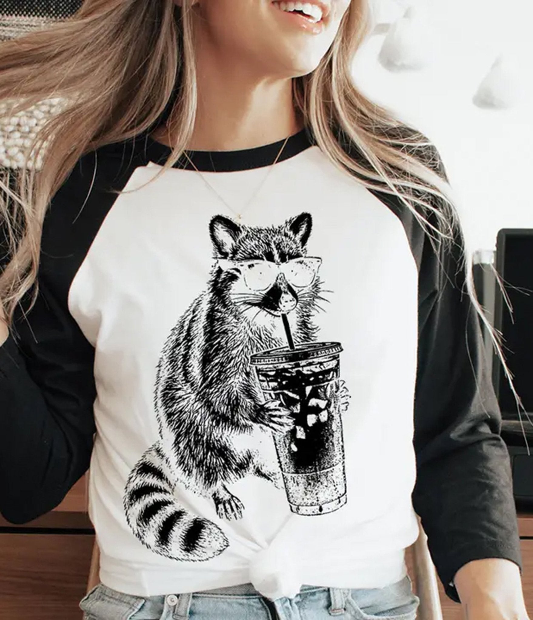Raccoon Drinking Iced Coffee Raglan Graphic Tee - Unique Vintage - Womens, GRAPHIC TEES, TEES