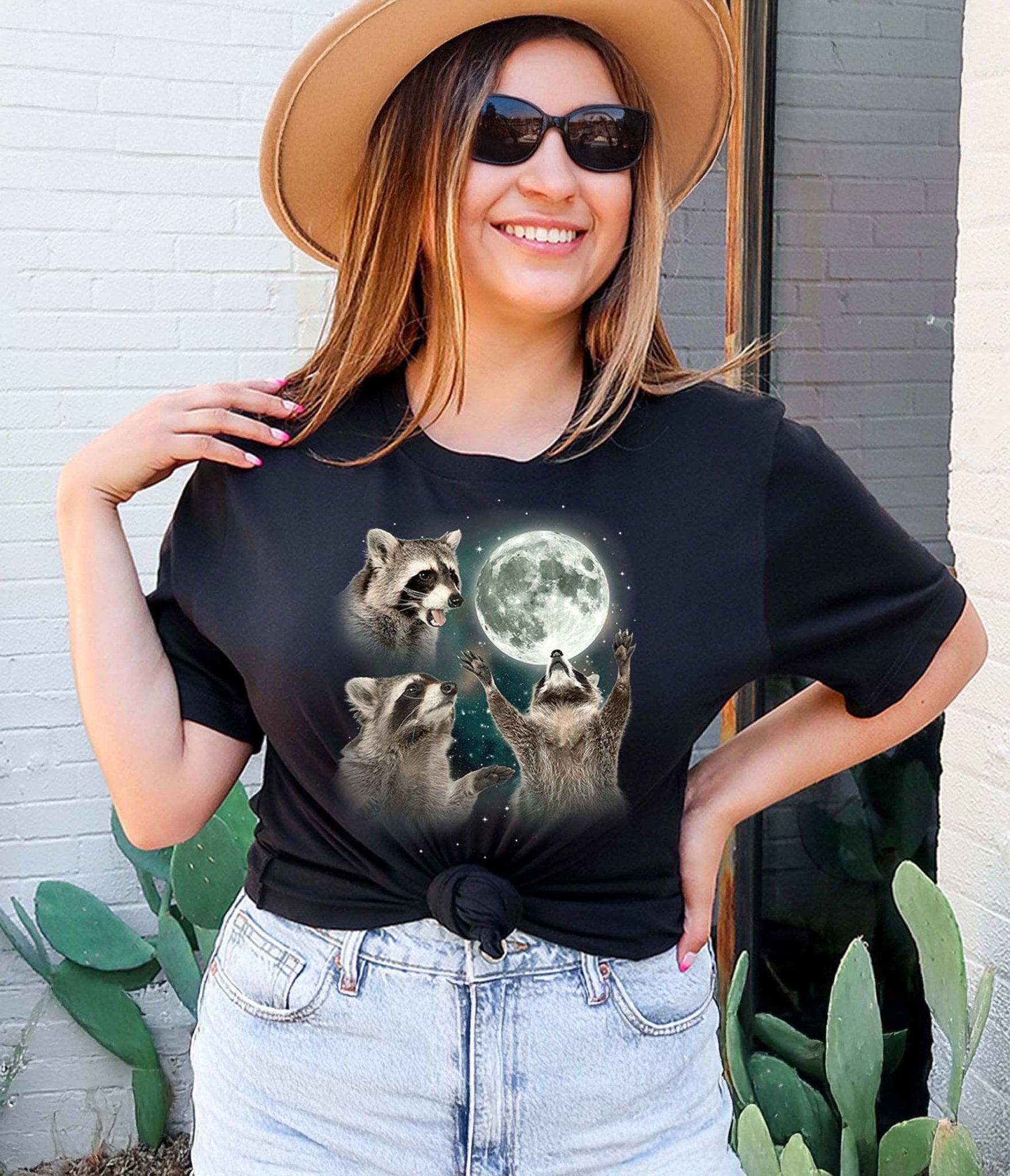 Raccoons Howling At The Moon Unisex Graphic Tee - Unique Vintage - Womens, GRAPHIC TEES, TEES