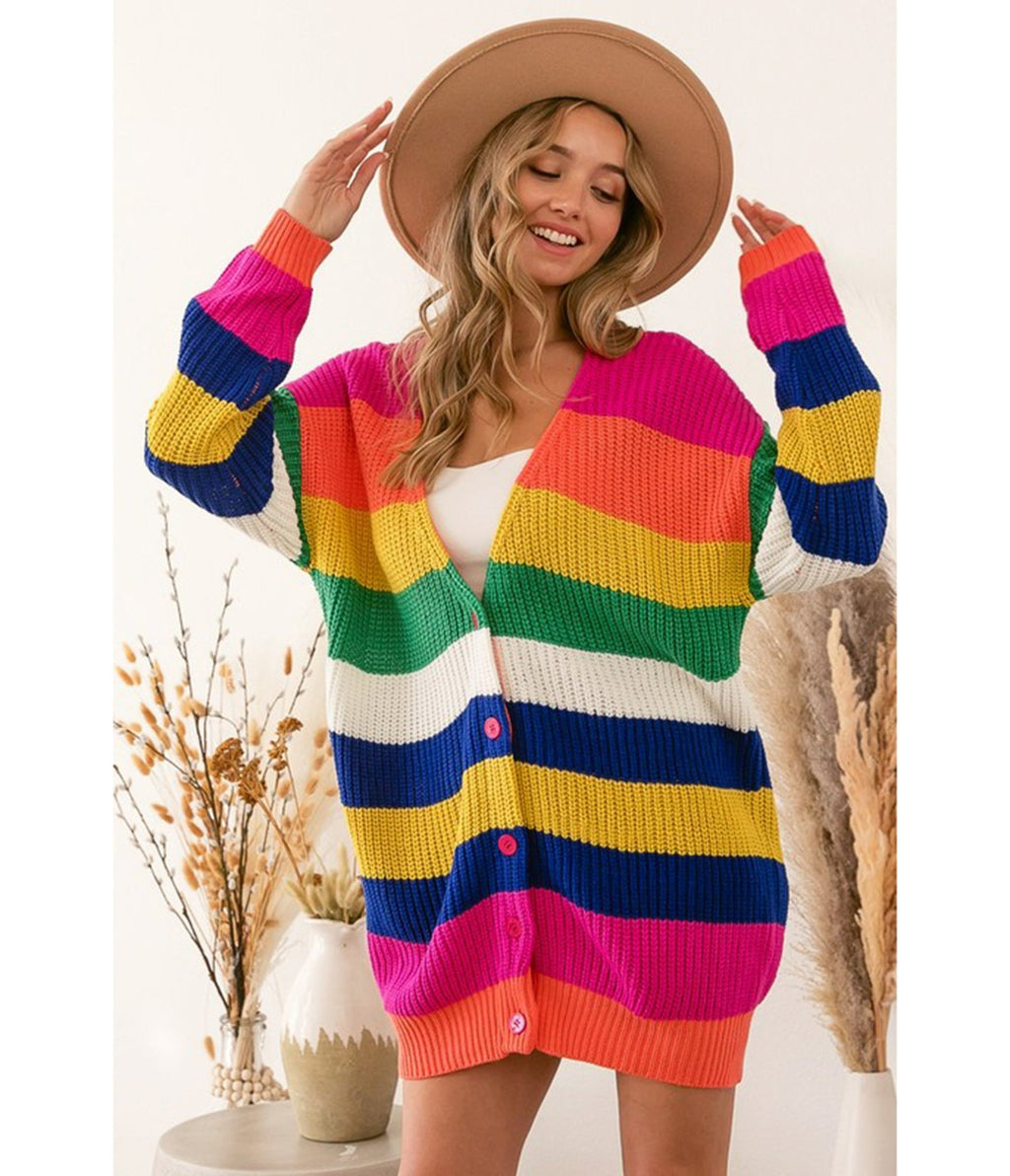 Rainbow Oversized Chunky Cardigan - Unique Vintage - Womens, TOPS, SWEATERS