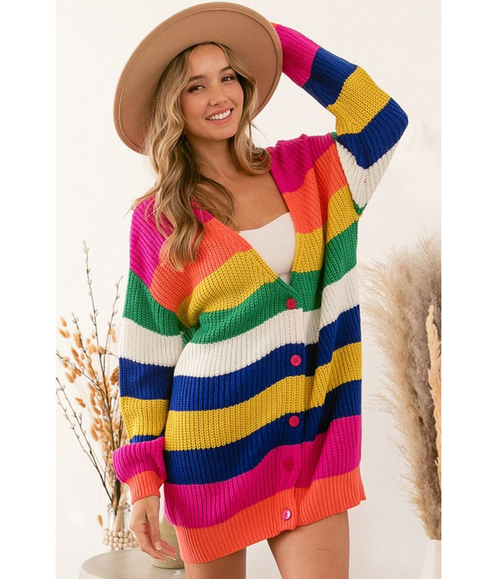 Rainbow Oversized Chunky Cardigan - Unique Vintage - Womens, TOPS, SWEATERS