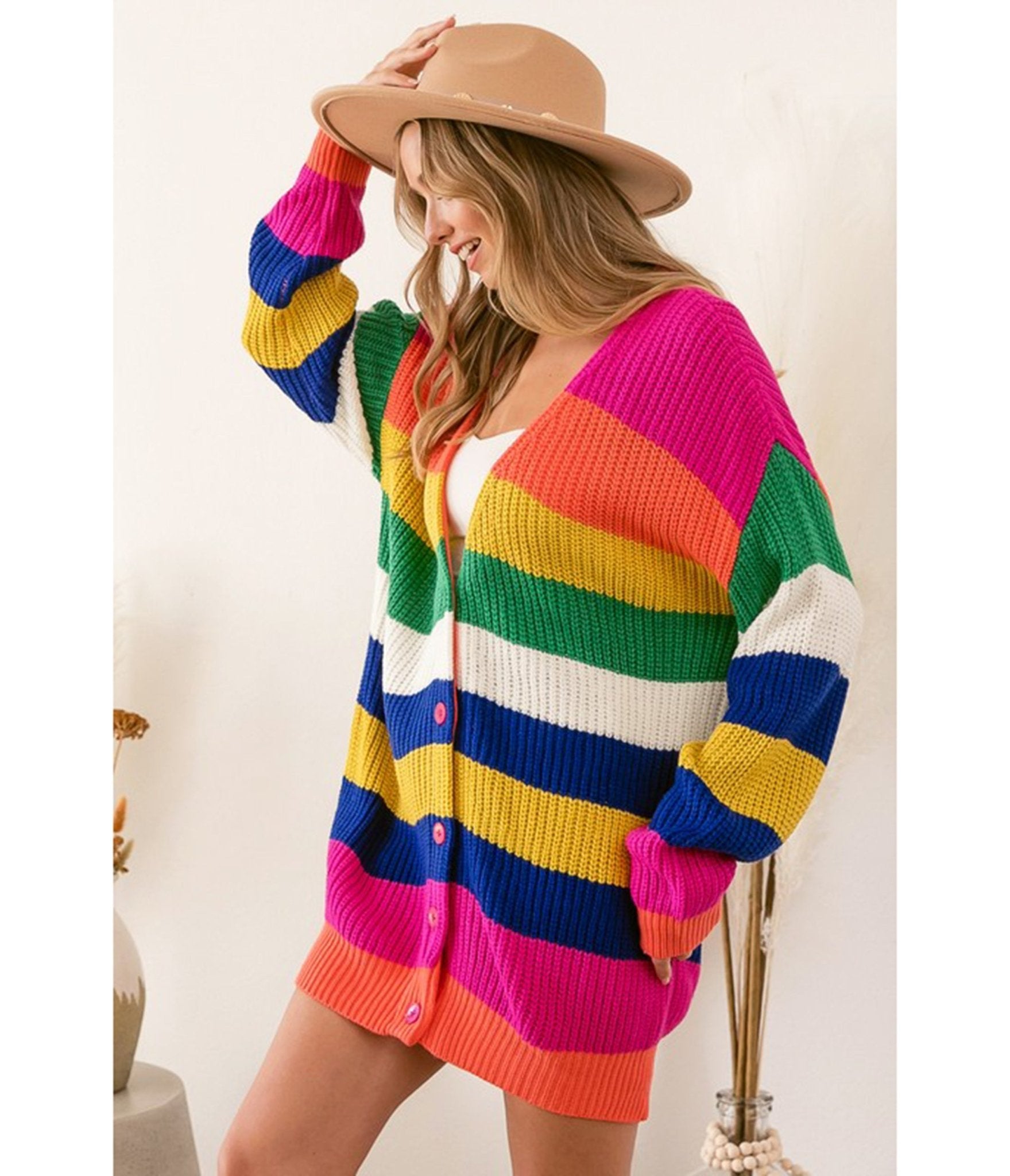 Rainbow Oversized Chunky Cardigan - Unique Vintage - Womens, TOPS, SWEATERS
