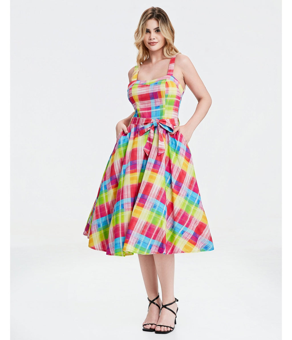 Rainbow Plaid Lori Swing Dress - Unique Vintage - Womens, DRESSES, SWING