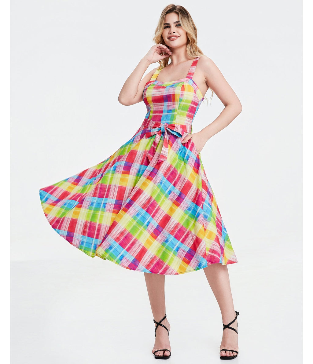 Rainbow Plaid Lori Swing Dress - Unique Vintage - Womens, DRESSES, SWING