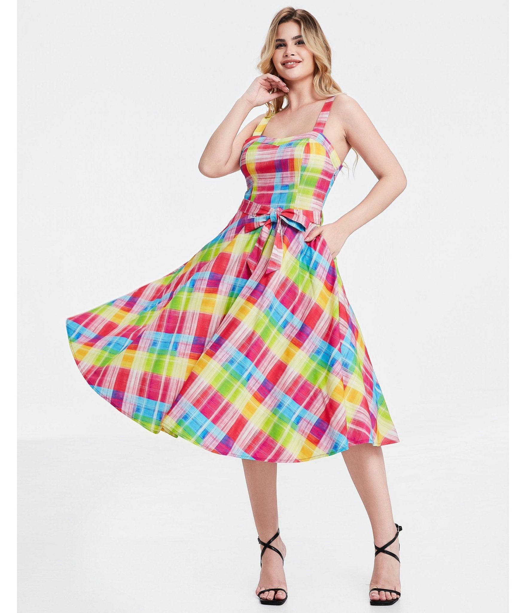 Rainbow Plaid Lori Swing Dress - Unique Vintage - Womens, DRESSES, SWING