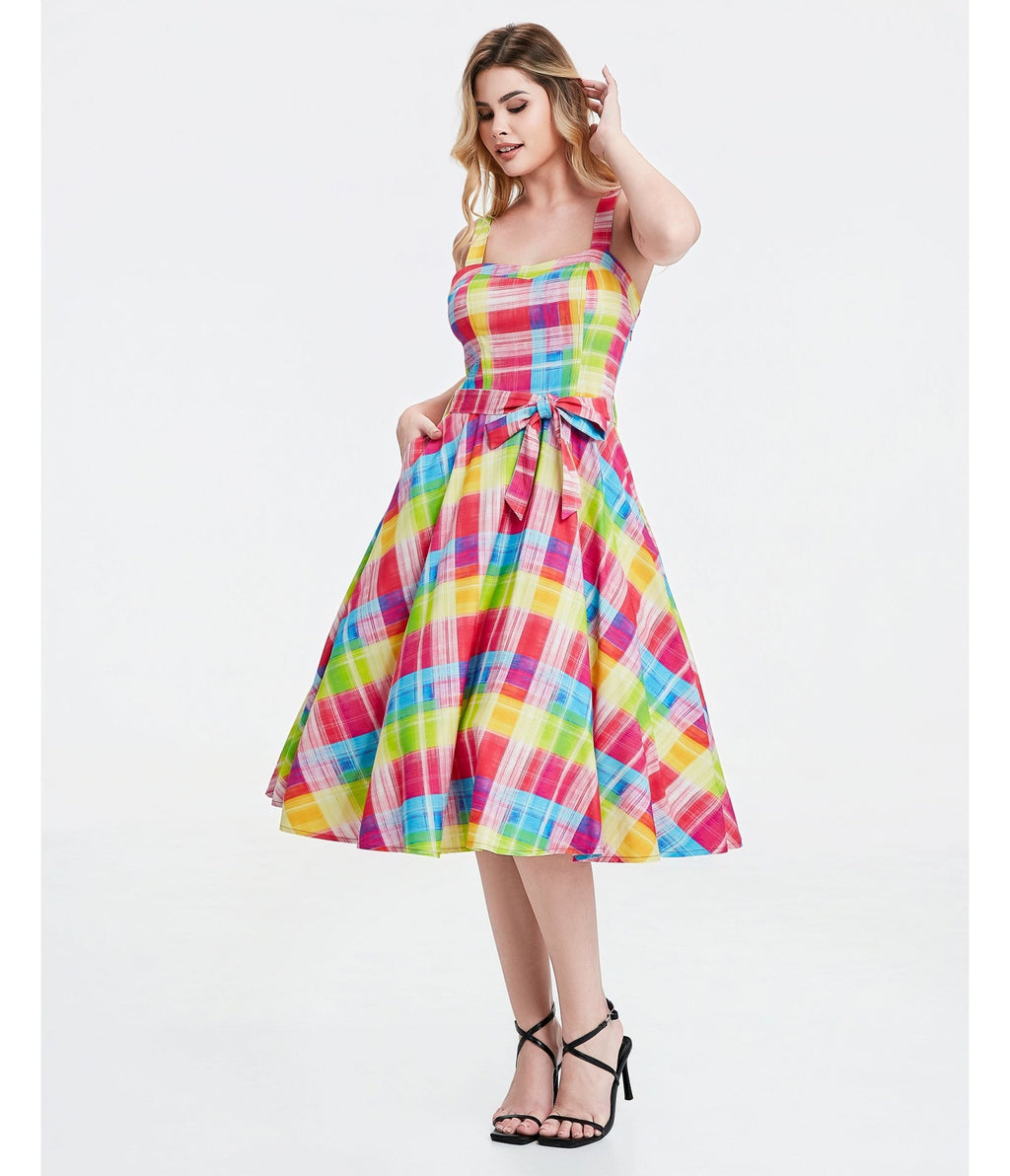 Rainbow Plaid Lori Swing Dress - Unique Vintage - Womens, DRESSES, SWING