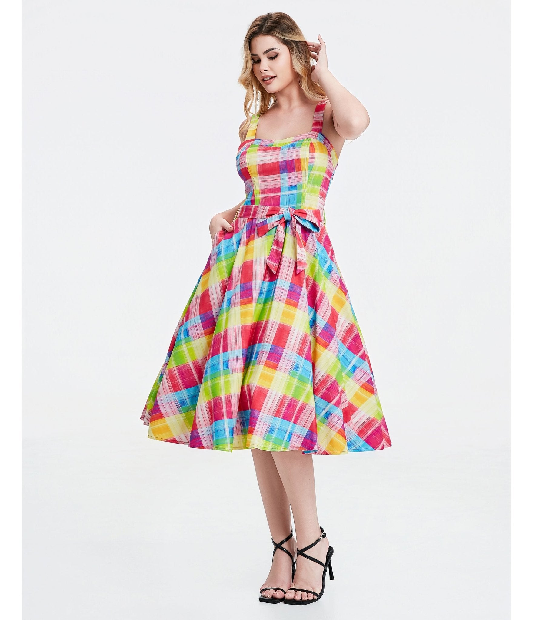 Rainbow Plaid Lori Swing Dress - Unique Vintage - Womens, DRESSES, SWING