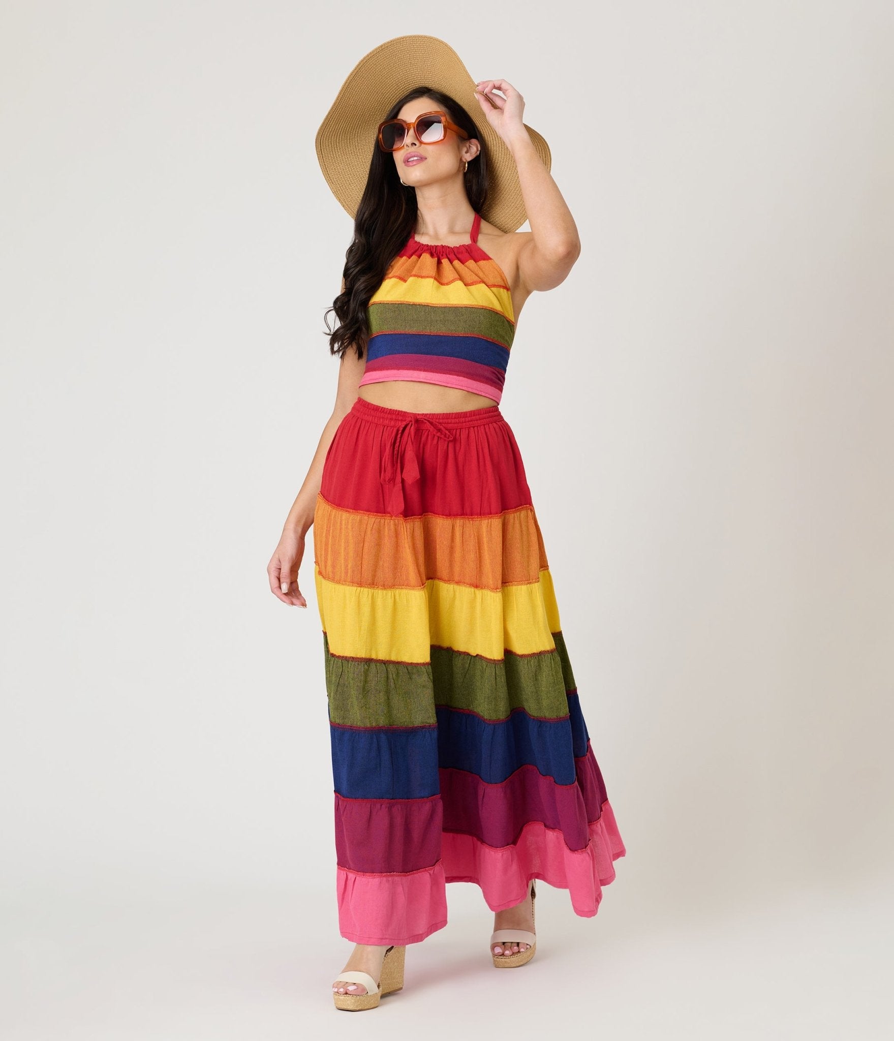 Rainbow Stripe Flowy Top & Skirt Set - Unique Vintage - Womens, BOTTOMS, SKIRTS
