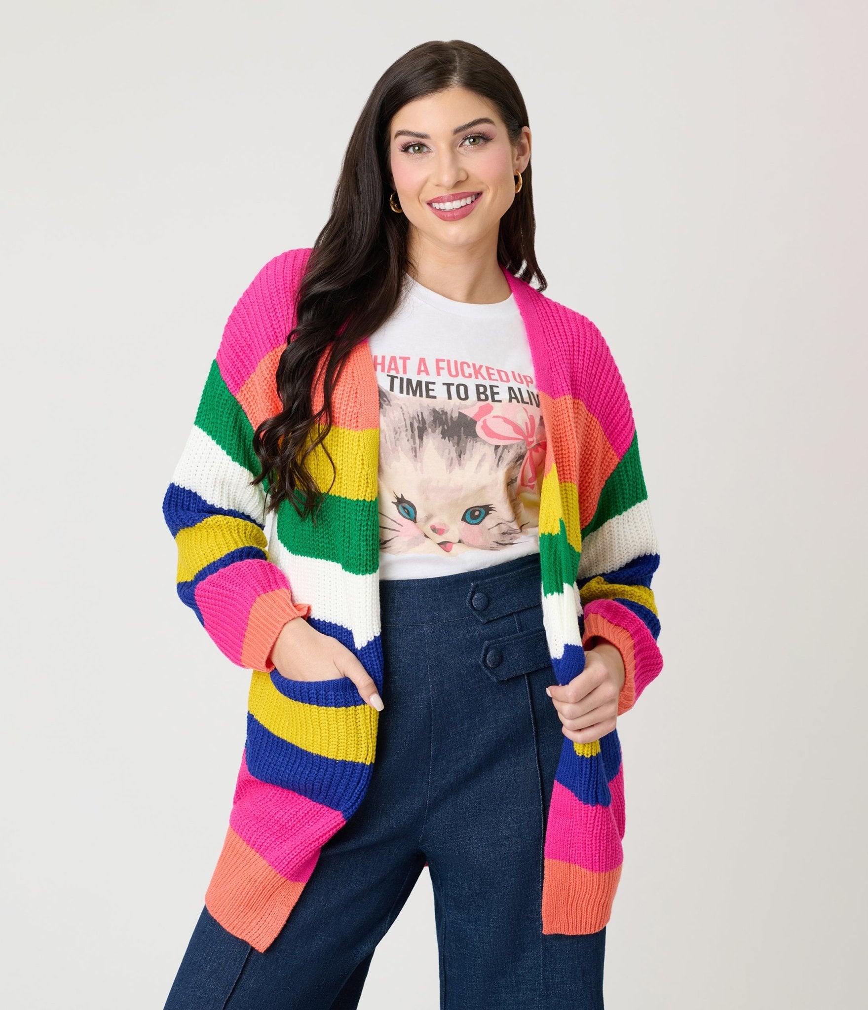 Rainbow Striped Knit Cardigan - Unique Vintage - Womens, TOPS, SWEATERS