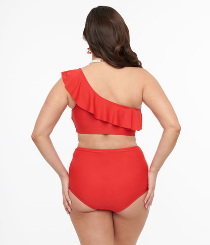 Red Asymmetric One Shoulder Ruffled Two Piece Swim Set - Unique Vintage - Womens, SWIM, 1 PC