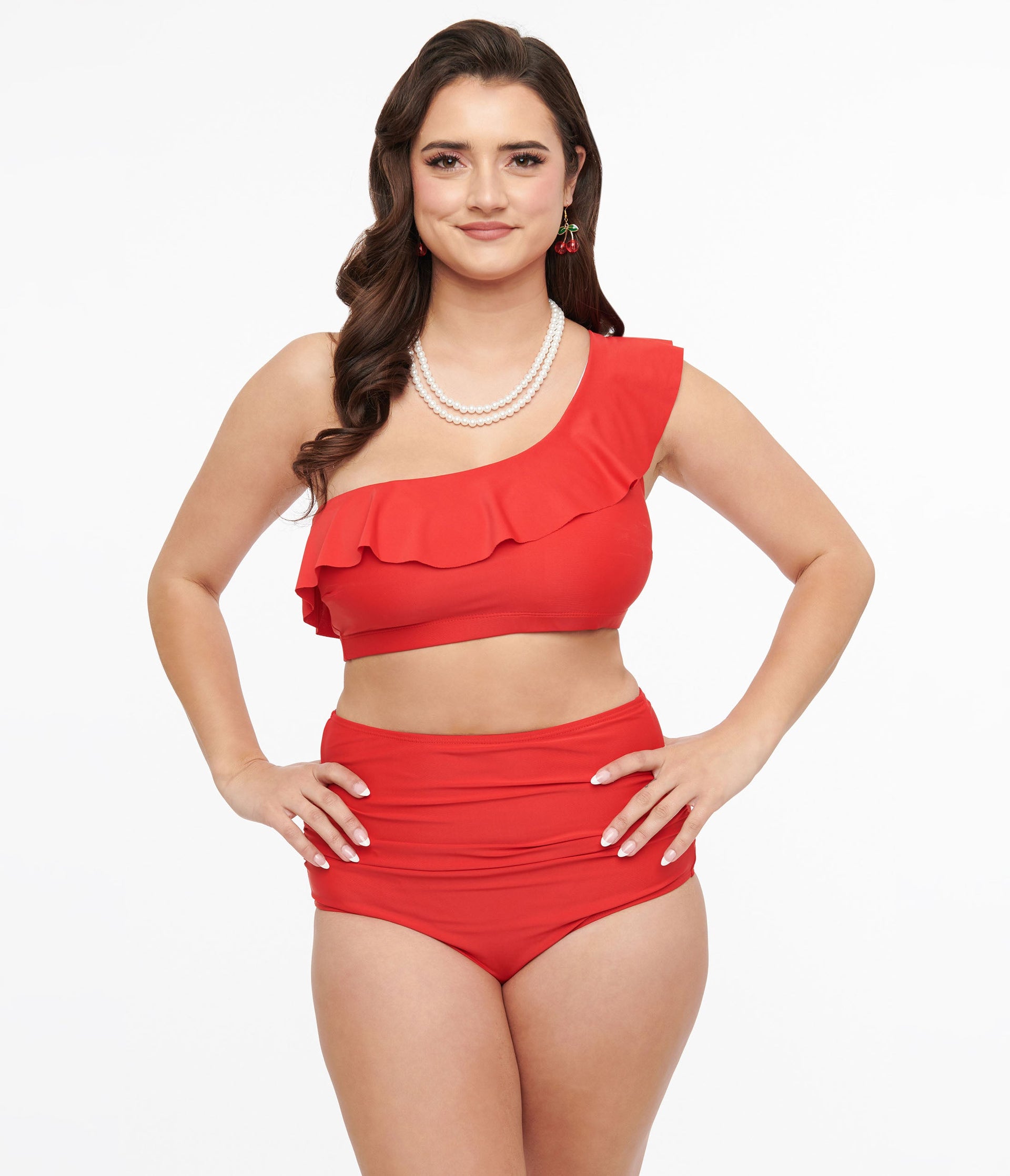 Red Asymmetric One Shoulder Ruffled Two Piece Swim Set - Unique Vintage - Womens, SWIM, 1 PC