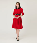Red & Black Collared Swing Dress - Unique Vintage - Womens, DRESSES, FIT AND FLARE