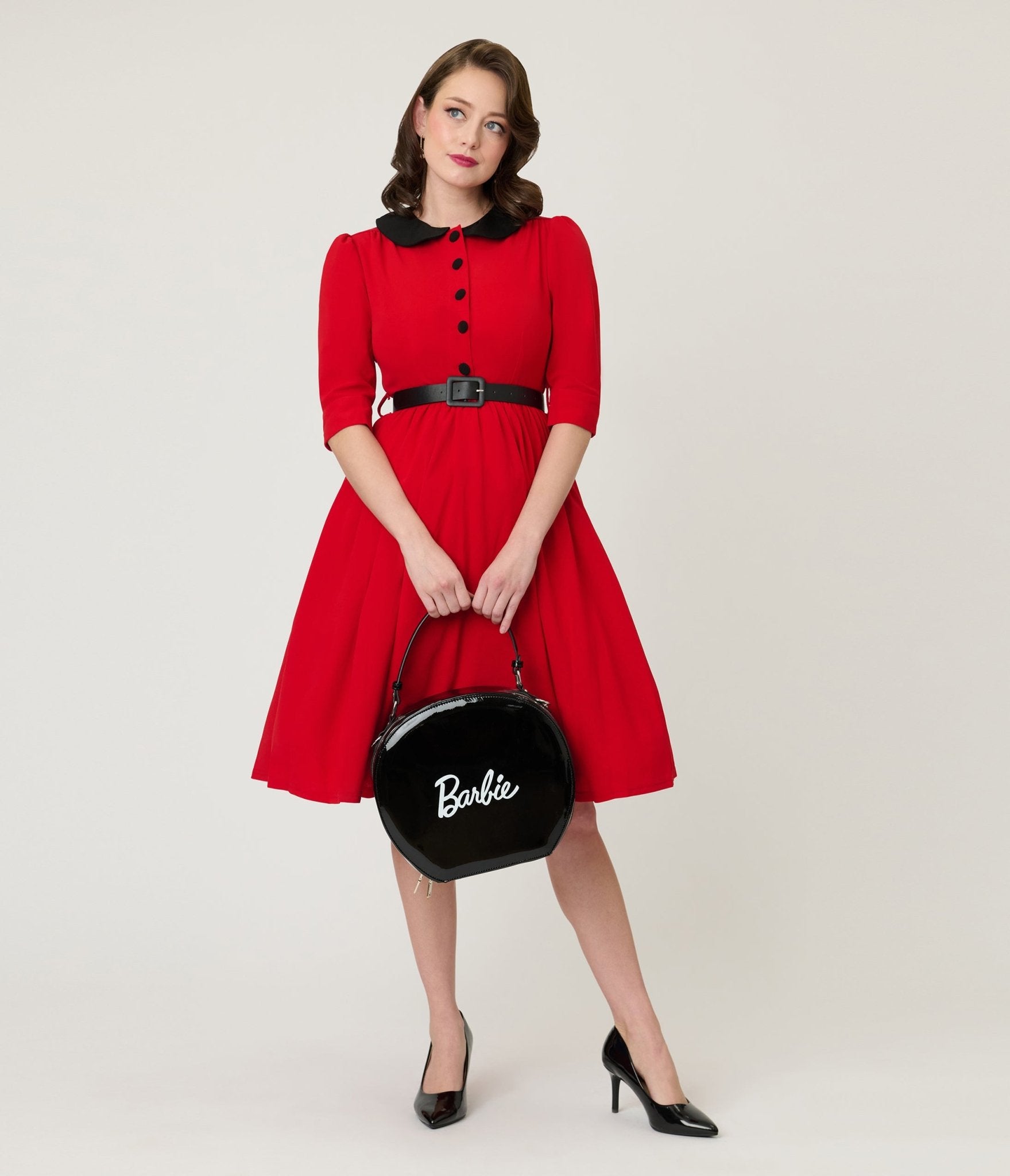 Red & Black Collared Swing Dress - Unique Vintage - Womens, DRESSES, FIT AND FLARE