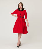 Red & Black Collared Swing Dress - Unique Vintage - Womens, DRESSES, FIT AND FLARE