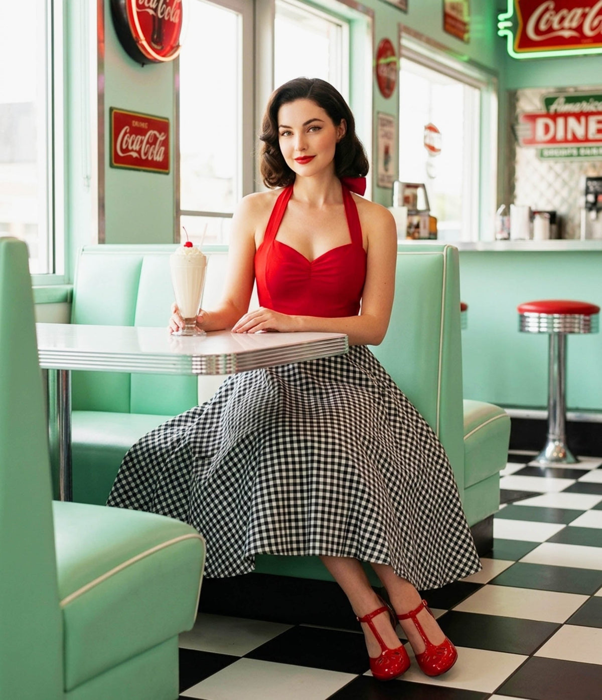 Red & Black Gingham Halter Swing Dress - Unique Vintage - Womens, DRESSES, SWING