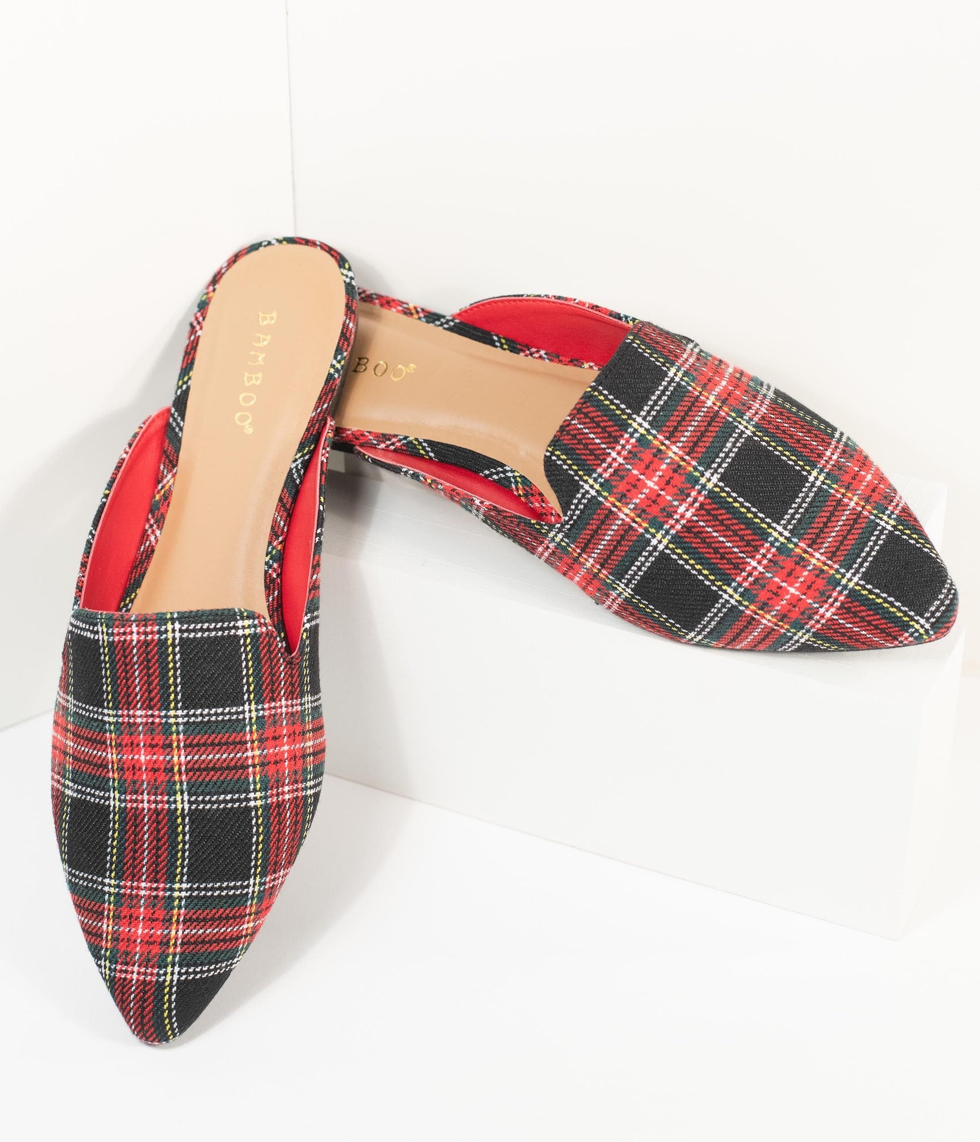 Red & Black Plaid Fabric Mules - Unique Vintage - Womens, SHOES, FLATS