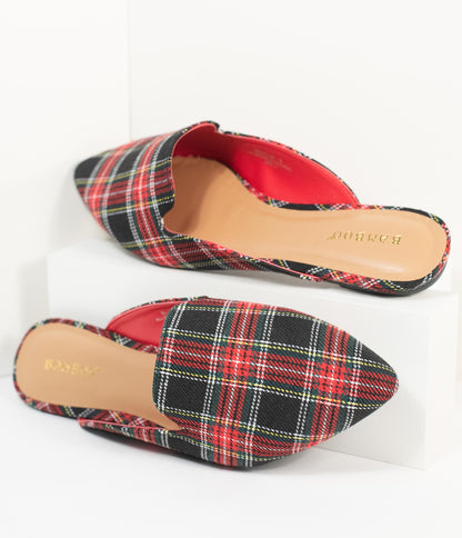 Red & Black Plaid Fabric Mules - Unique Vintage - Womens, SHOES, FLATS