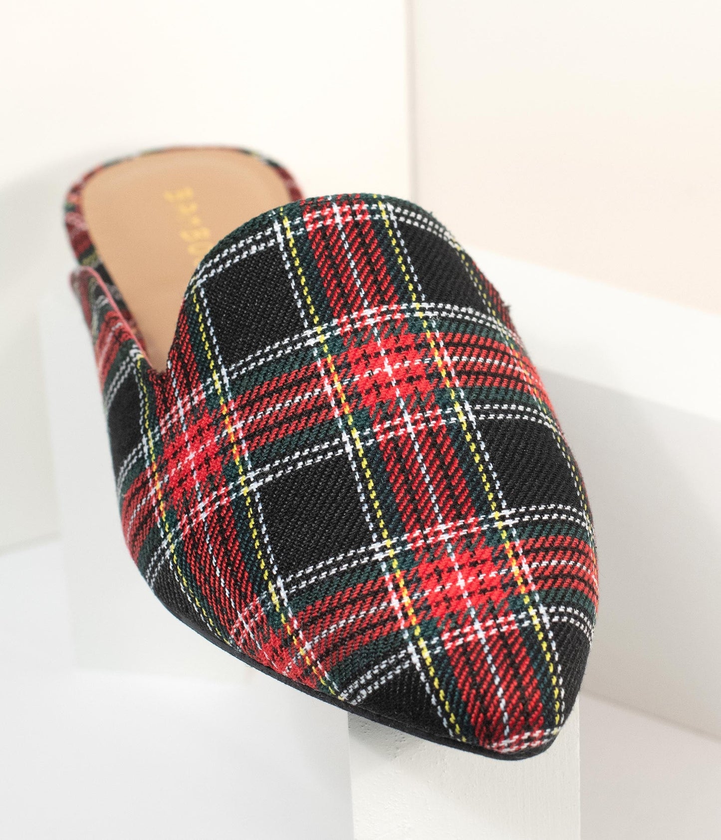 Red & Black Plaid Fabric Mules - Unique Vintage - Womens, SHOES, FLATS