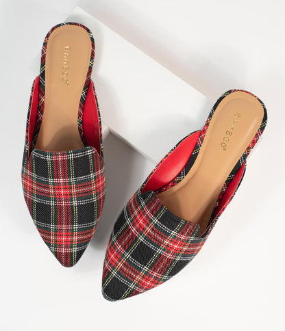 Red & Black Plaid Fabric Mules - Unique Vintage - Womens, SHOES, FLATS