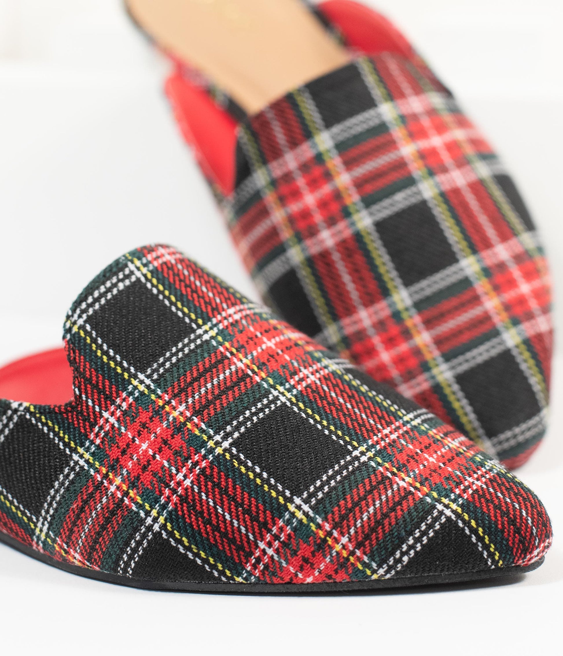 Red & Black Plaid Fabric Mules - Unique Vintage - Womens, SHOES, FLATS