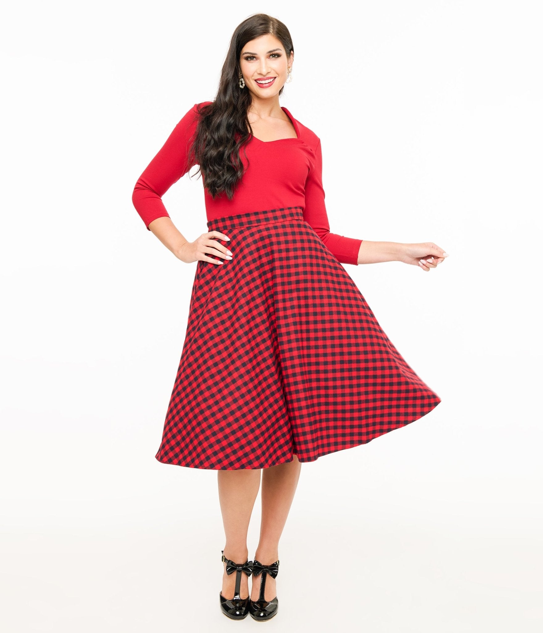 Red & Black Plaid Midi Skirt - Unique Vintage - Womens, BOTTOMS, SKIRTS