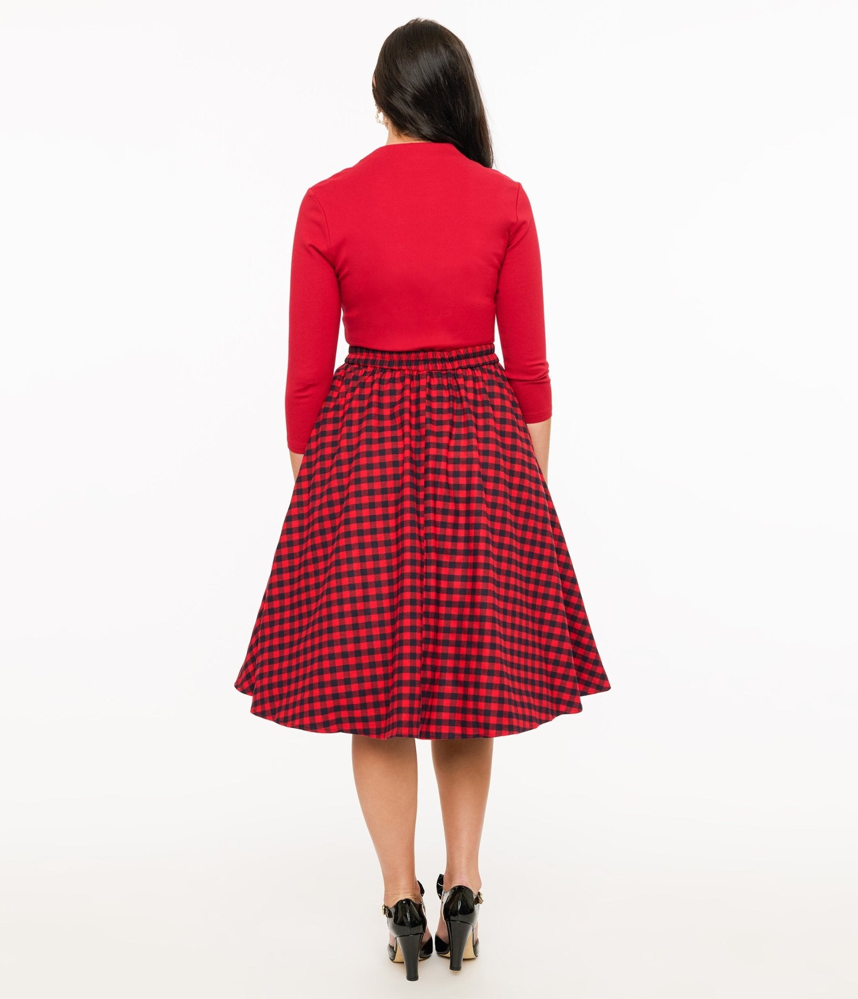 Red & Black Plaid Midi Skirt - Unique Vintage - Womens, BOTTOMS, SKIRTS