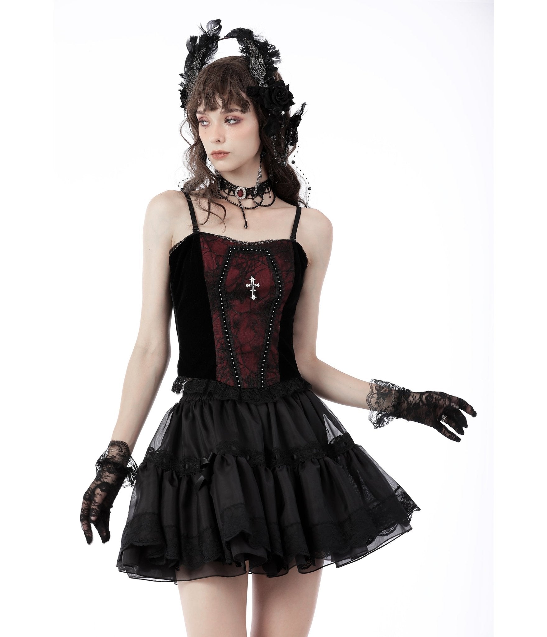 Red & Black Web Lace Corset Top - Unique Vintage - Womens, TOPS, WOVEN TOPS