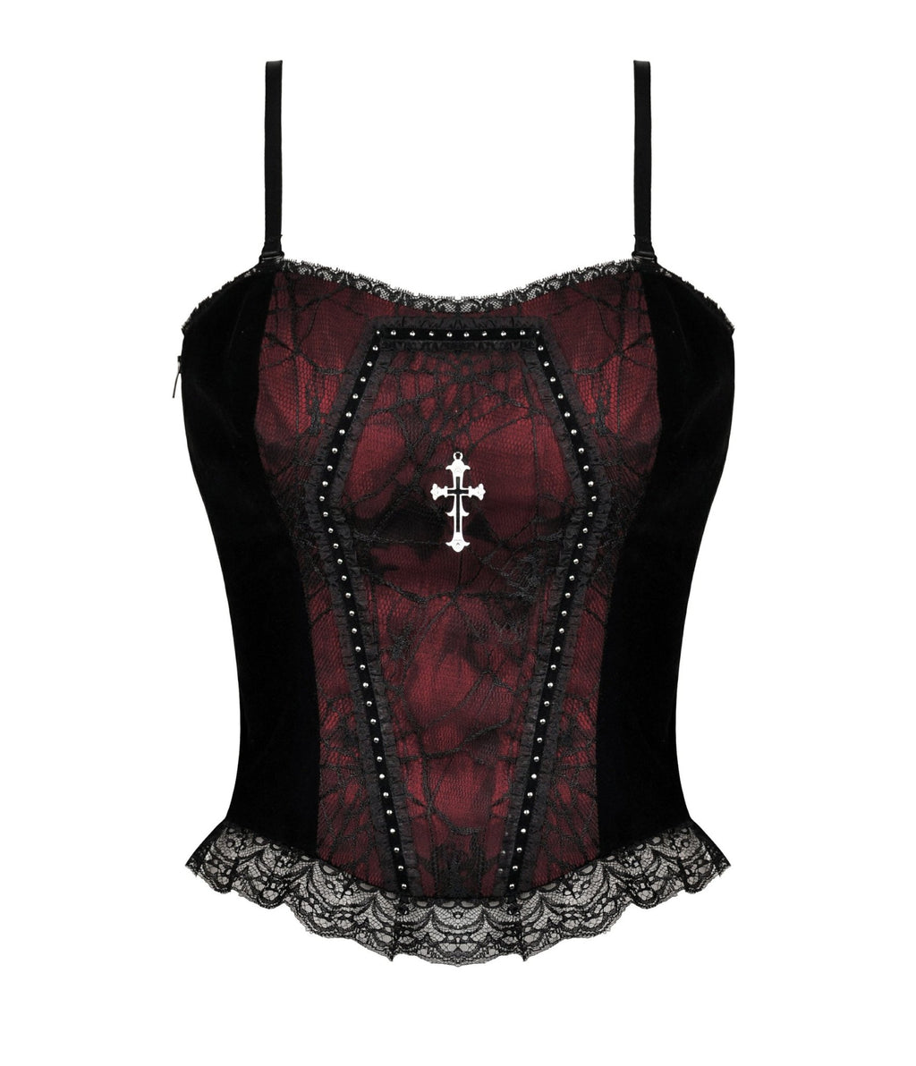 Red & Black Web Lace Corset Top - Unique Vintage - Womens, TOPS, WOVEN TOPS