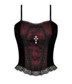 Red & Black Web Lace Corset Top - Unique Vintage - Womens, TOPS, WOVEN TOPS