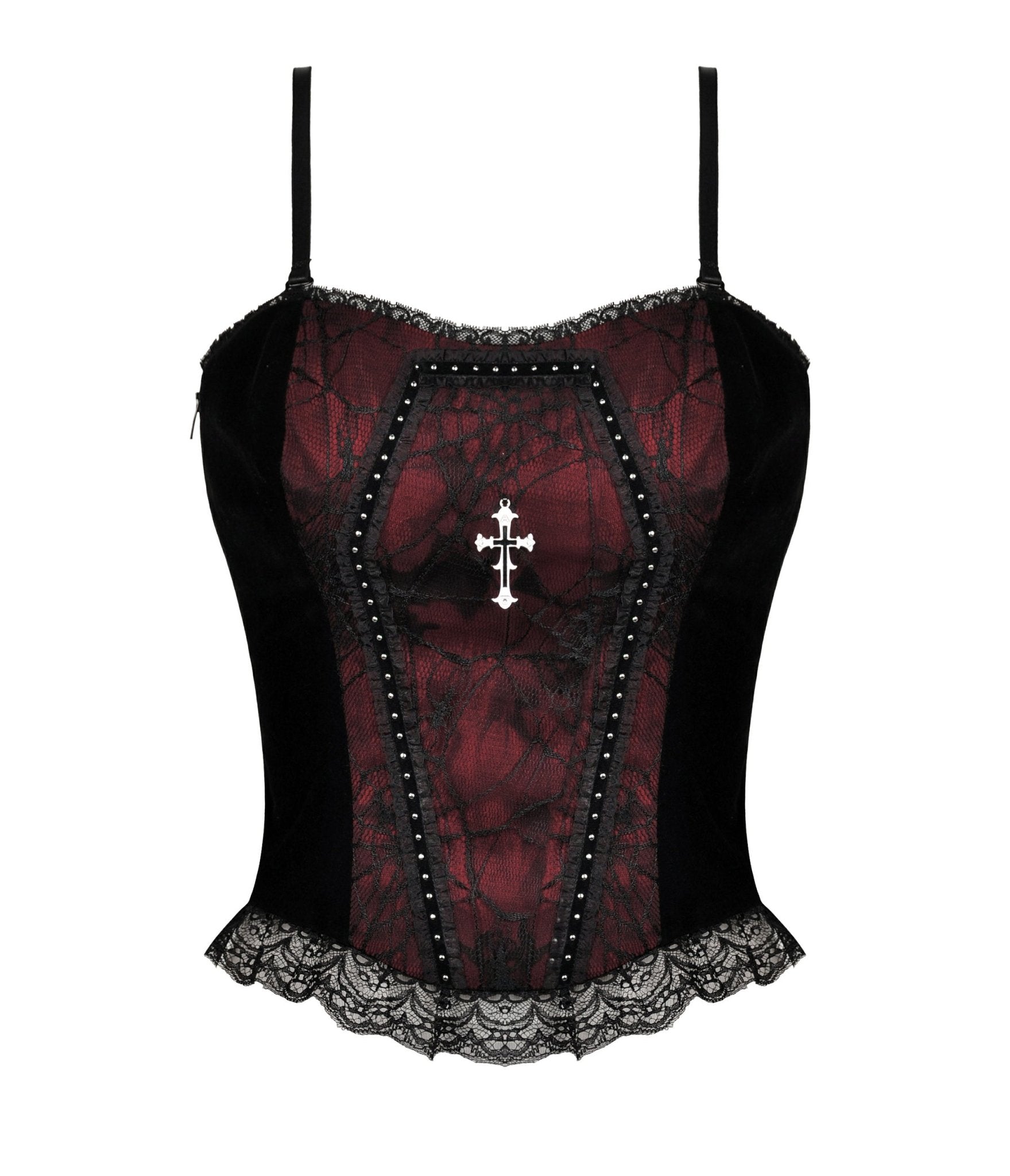 Red & Black Web Lace Corset Top - Unique Vintage - Womens, TOPS, WOVEN TOPS