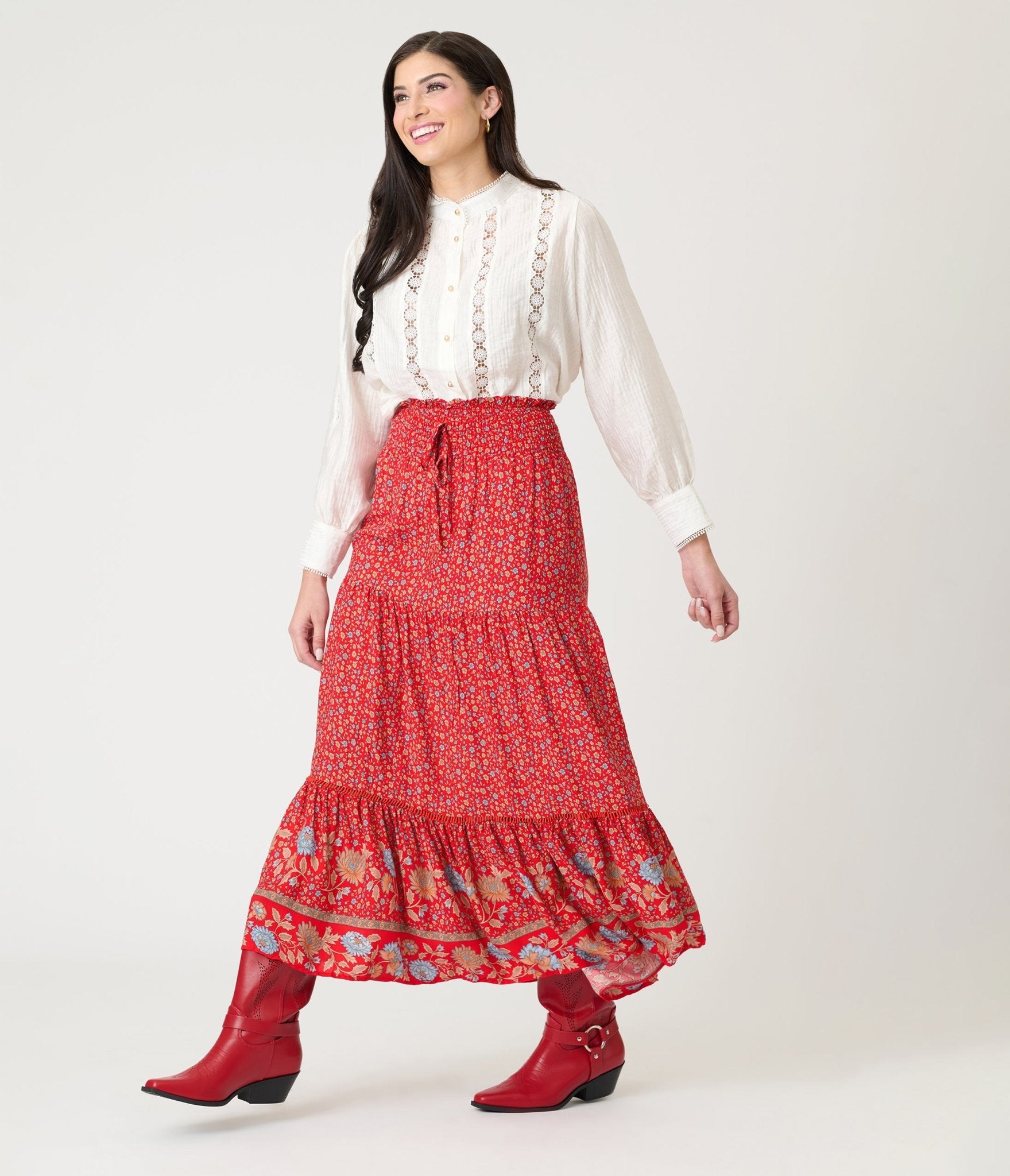 Red Bohemian Lace Maxi Skirt - Unique Vintage - Womens, BOTTOMS, SKIRTS