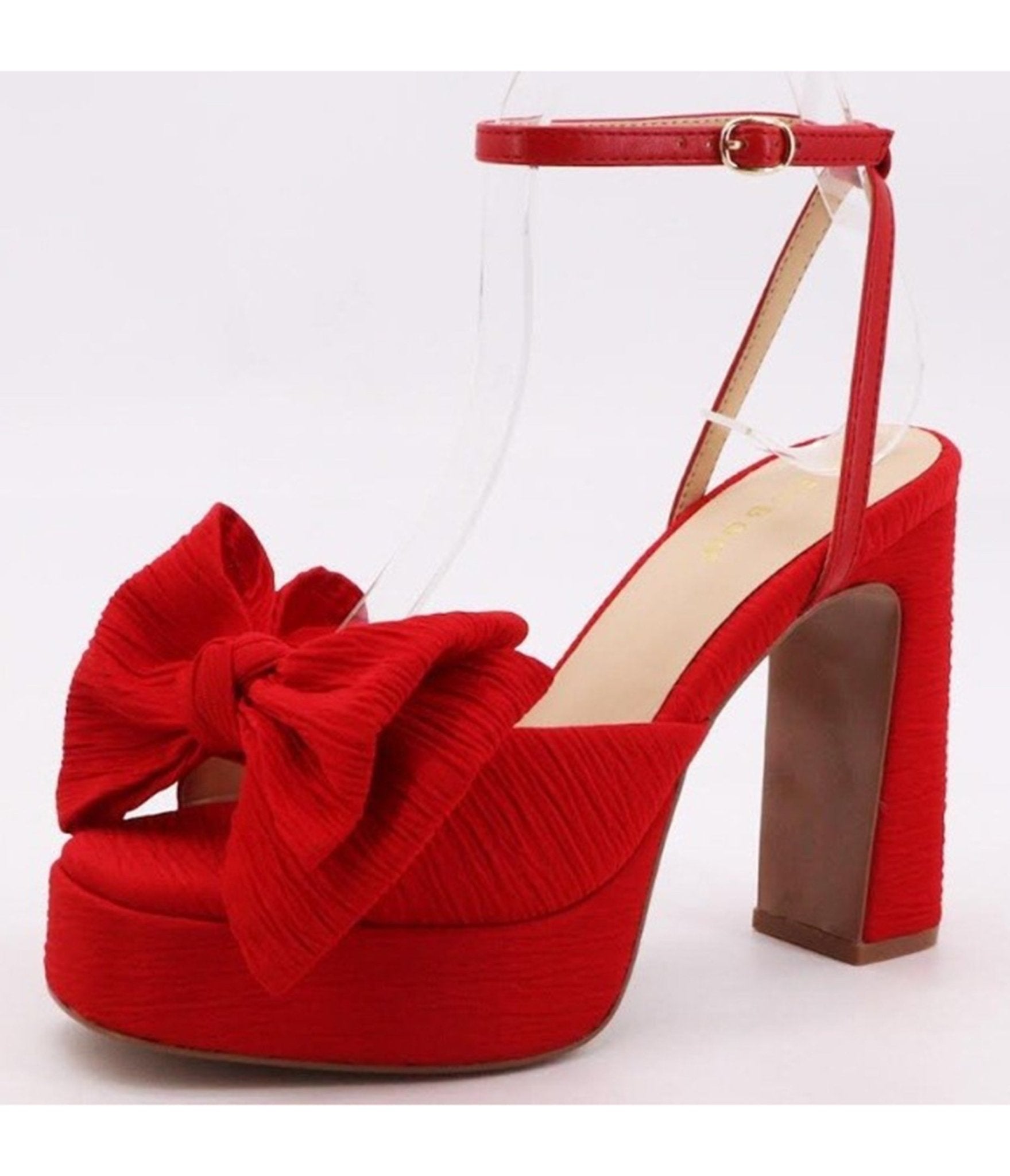 Red Bow Accent Platform Chunky Heels - Unique Vintage - Womens, SHOES, HEELS