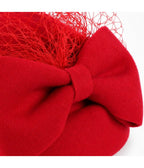 Red Bow Birdcage Veil Pillbox Fascinator Hat - Unique Vintage - Hats