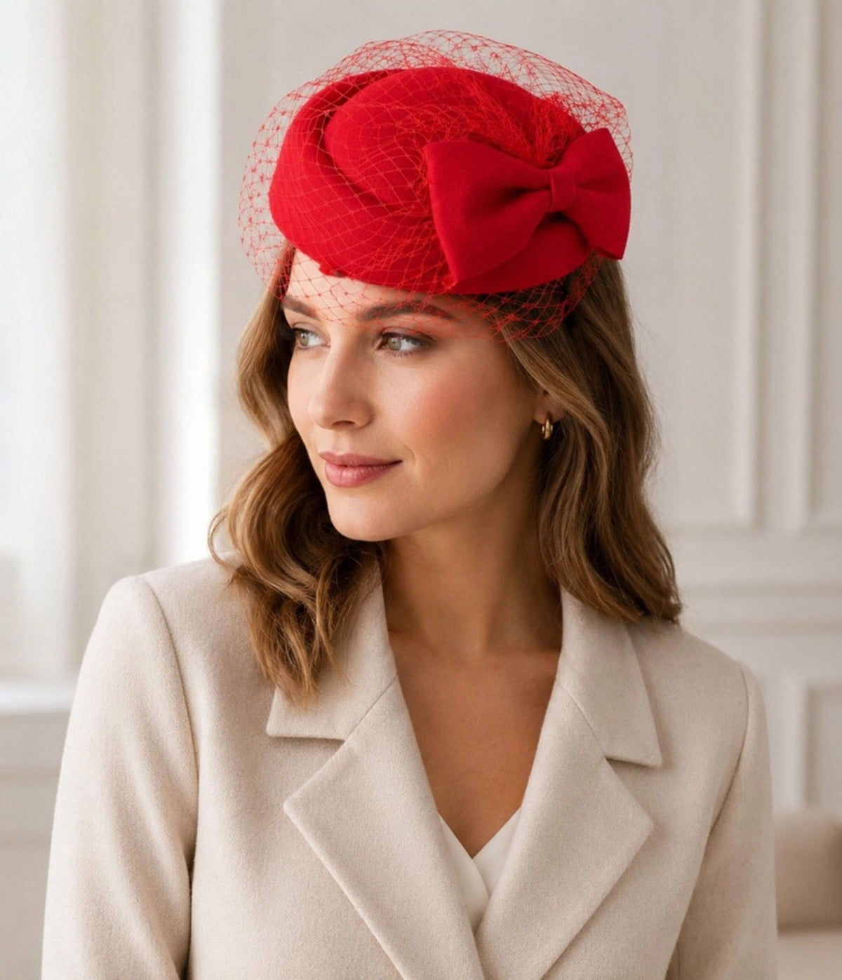 Red Bow Birdcage Veil Pillbox Fascinator Hat - Unique Vintage - Hats