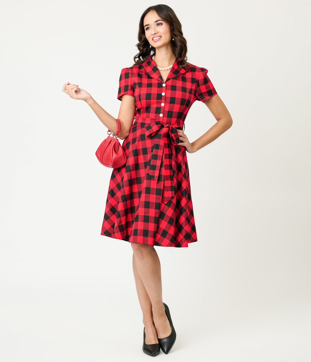 Red Buffalo Plaid Flare Dress - 2X - Unique Vintage Red Buffalo Plaid Flare Dress - 2X - Unique Vintage