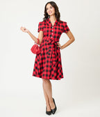 Red Buffalo Plaid Flare Dress - Unique Vintage - Womens, DRESSES, SWING