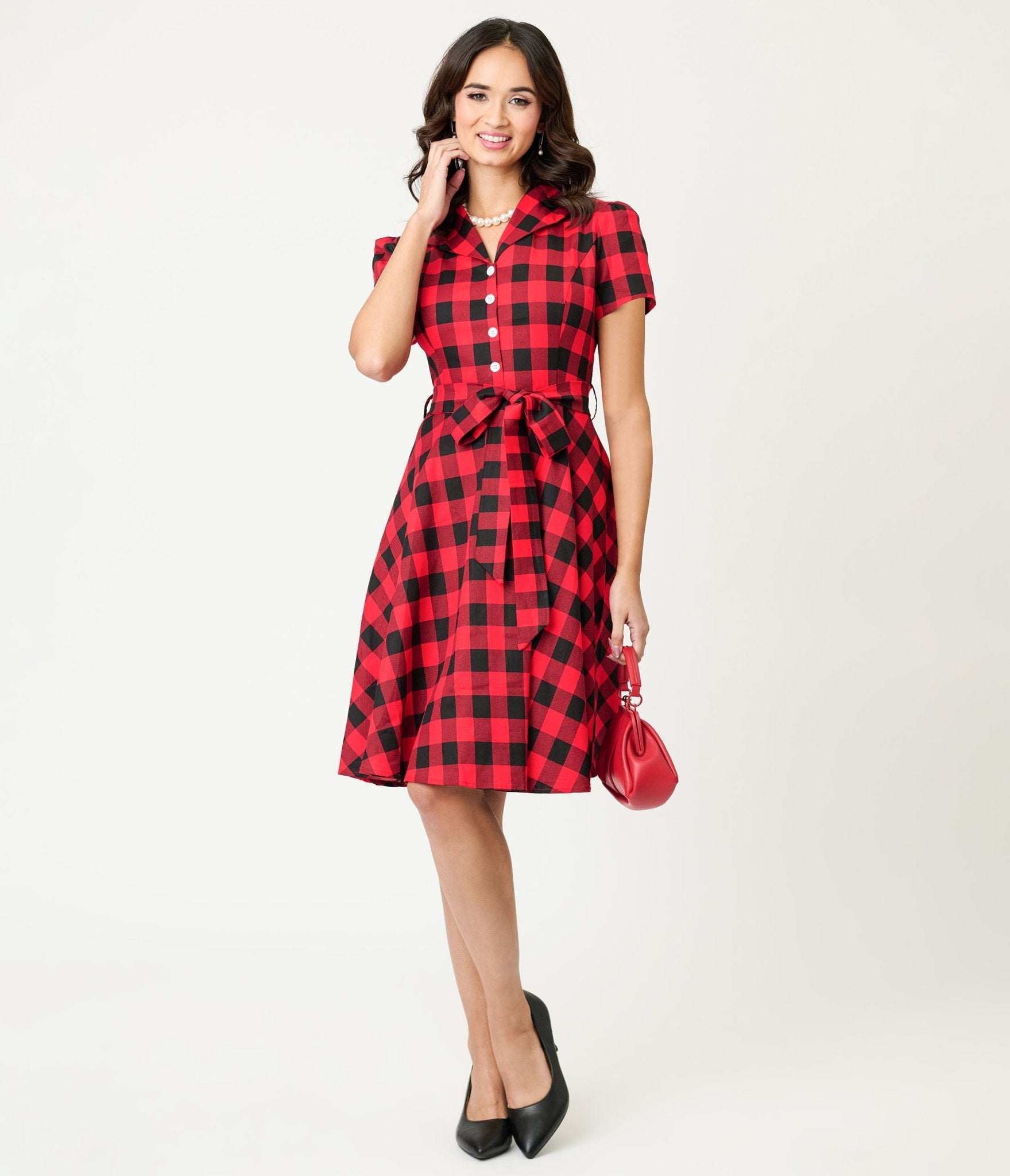 Red Buffalo Plaid Flare Dress - Unique Vintage - Womens, DRESSES, SWING