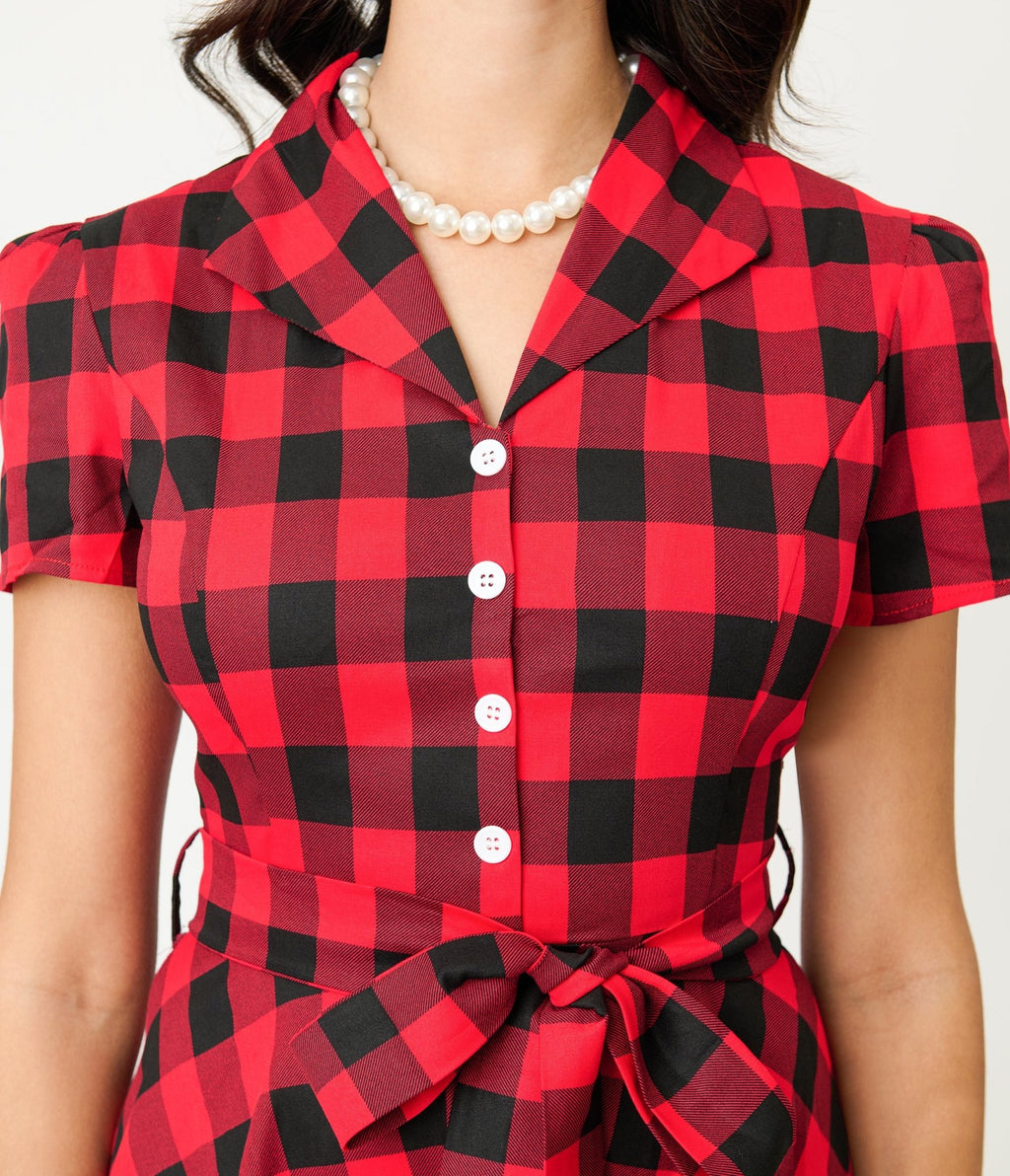 Red Buffalo Plaid Flare Dress - Unique Vintage - Womens, DRESSES, SWING