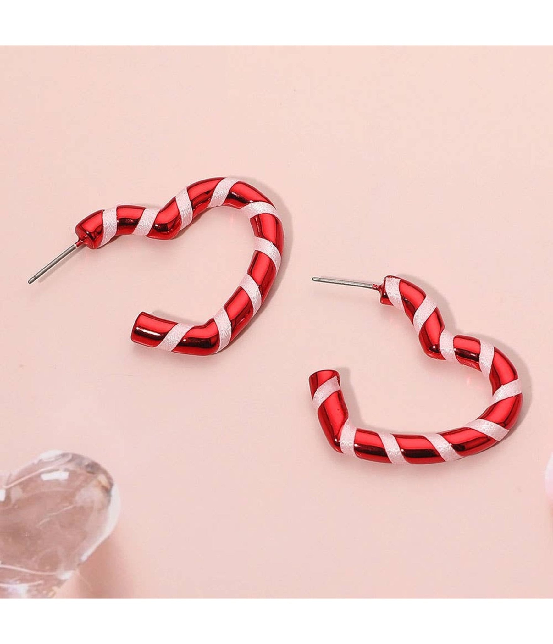 Red Candy Cane Stripe Heart Hoop Earrings - Unique Vintage - Womens, ACCESSORIES, JEWELRY